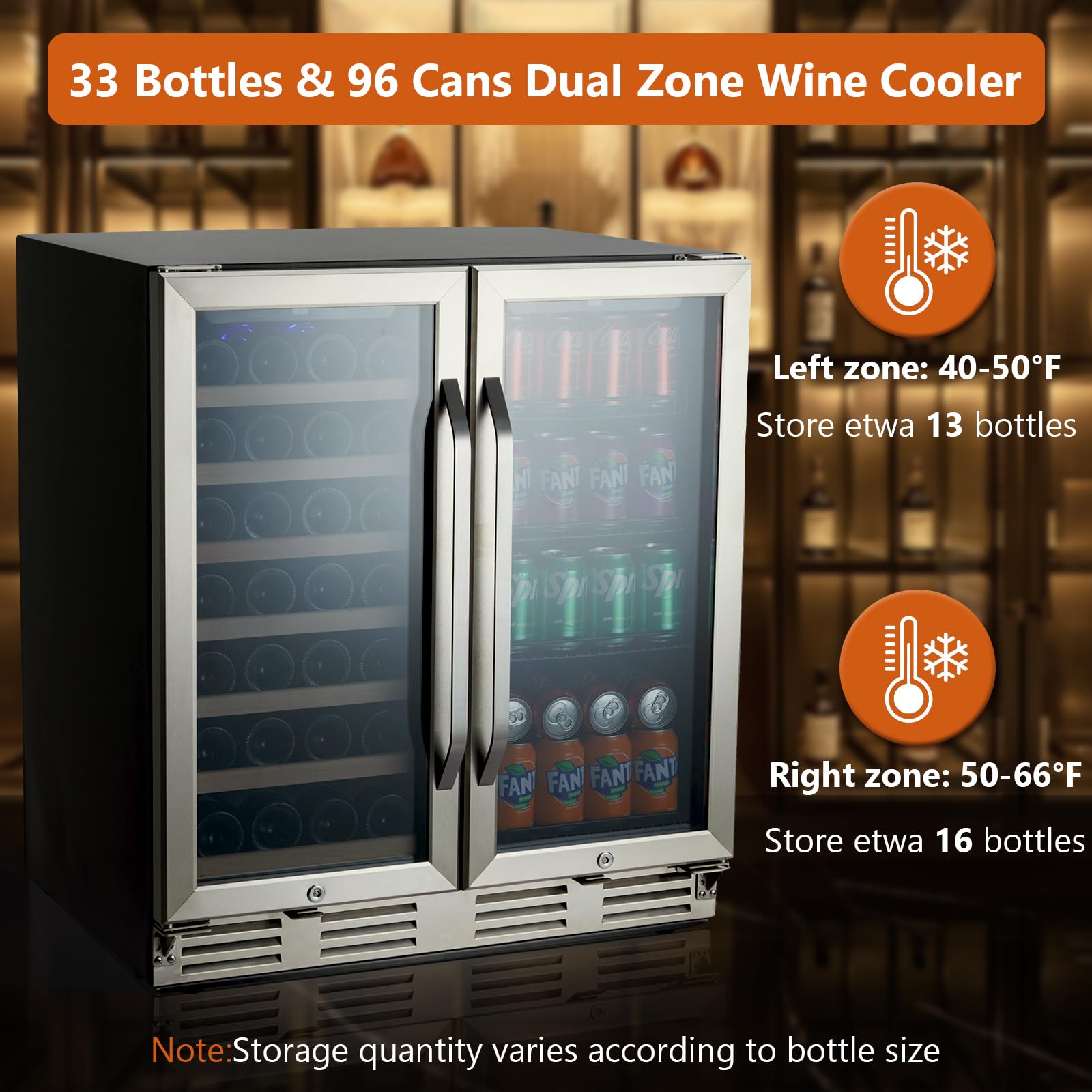 GarveeTech 30 inch Wine and Beverage Refrigerator, 33 Bottles & 96 Cans Wine Cooler Refrigerator, Dual Zone Wine Cooler with Glass Door and Lock, Built in or Freestanding Under Counter Wine Fridge