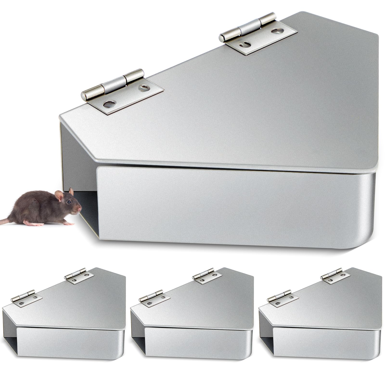 Qualirey 4 Pcs Mouse Station Carbon Steel Mice Bait Station Waterproof Mice Stations Outdoor Metal Mice Trap Bait Box, Keeps Children and Pets Safe Indoor & Outdoor, Bait Not Included, Silver