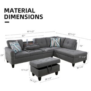 GlasFlength L Shaped Sofa with Ottoman Modern Sectional Couches for Living Room, Bedroom, Office, Grey-Belt Cup Holder