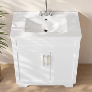 Smhxo Bathroom Vanity with Ceramic Sink, Bathroom Vanity Cabinet with 2 Doors, 30 Inches Wooden Bathroom Sink Cabinet, White