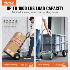 VEVOR Aluminum Folding Hand Truck, 4 in 1 Design 1000 lbs Capacity, Heavy Duty Industrial Collapsible cart, Dolly Cart with Rubber Wheels for Transport and Moving in Warehouse, Supermarket, Garden