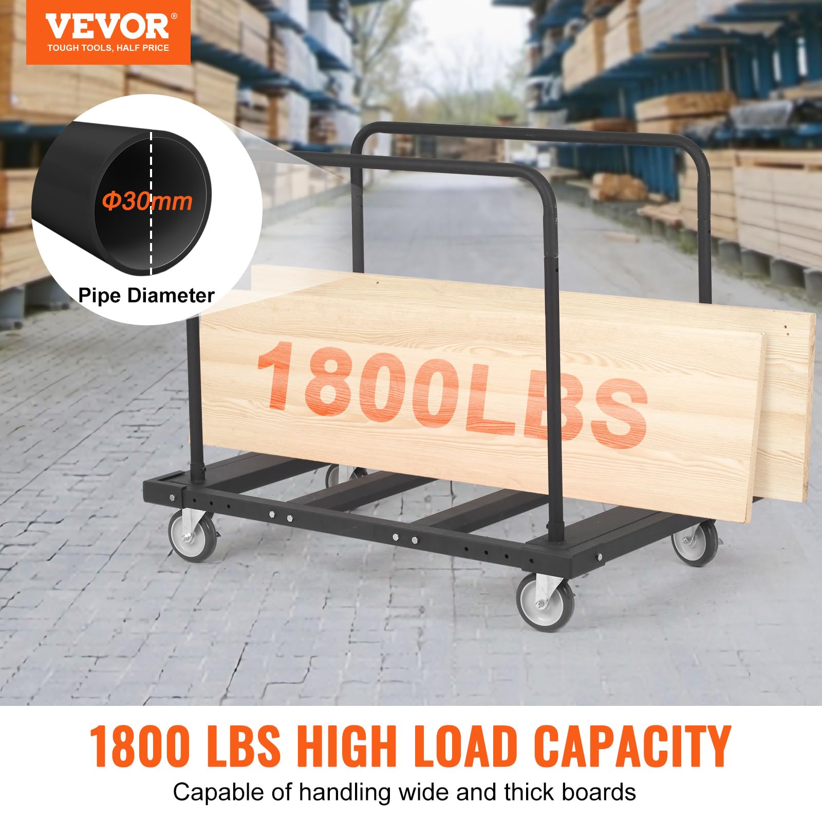 VEVOR Drywall Cart, 1800 LBS Panel Dolly Cart with 45.28" x 29.13" Deck and 5" Swivel Wheels, Heavy-Duty Drywall Sheet Cart, Handling Wall Panel, Sheetrock, Lumber, for Garage, Home, Warehouse