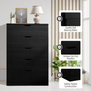 Xiconbao Modern 5 Drawer Dresser for Bedroom, Tall Chest of Drawers with Storage, Wood Storage Chest Organizers with Cut-Out Handles, Accent Storage Cabinet for Living Room, Entryway, Hallway (Black)