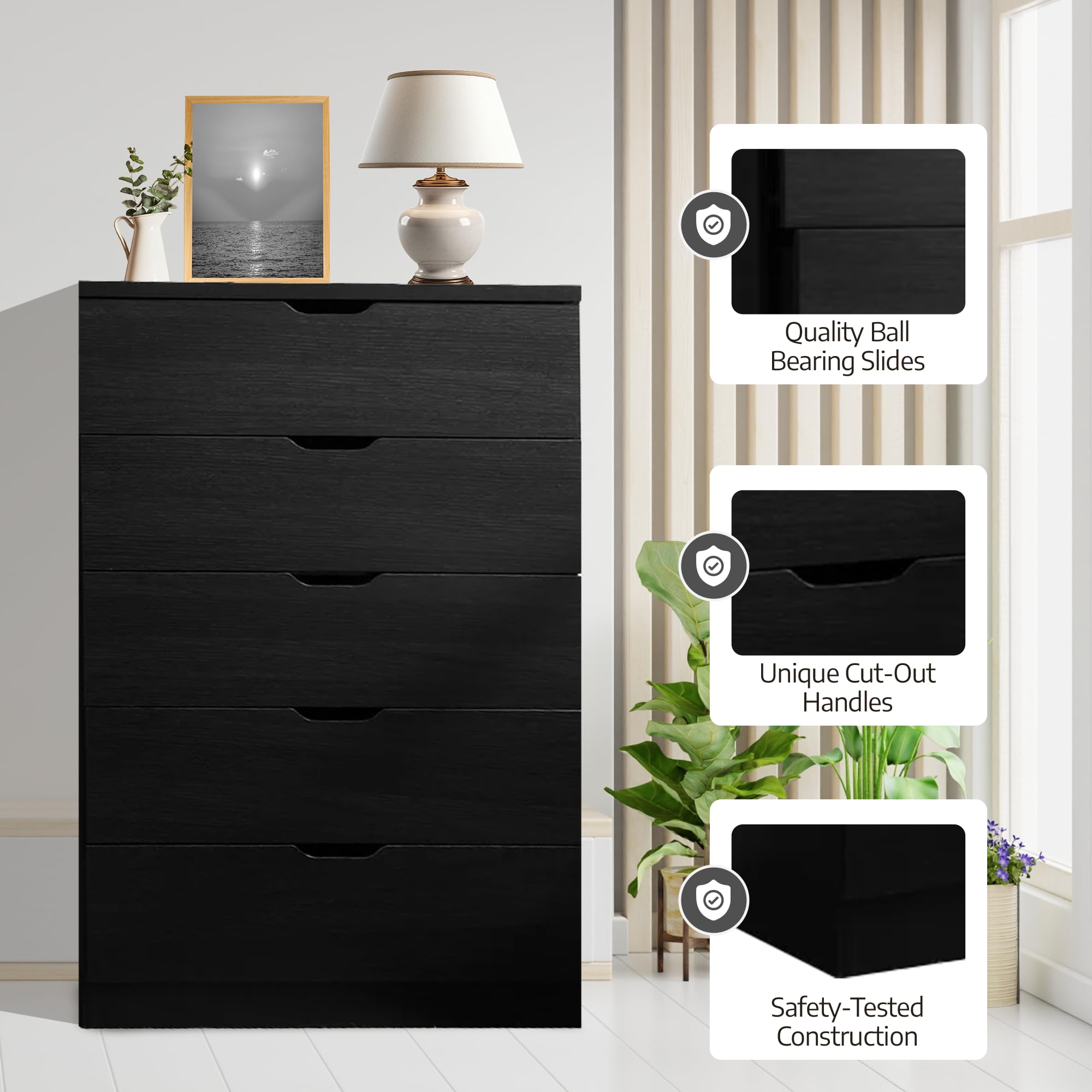 Xiconbao Modern 5 Drawer Dresser for Bedroom, Tall Chest of Drawers with Storage, Wood Storage Chest Organizers with Cut-Out Handles, Accent Storage Cabinet for Living Room, Entryway, Hallway (Black)