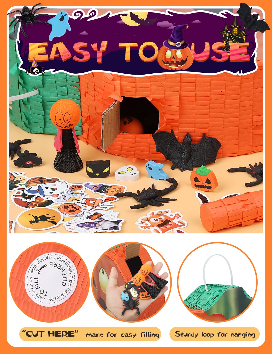 Halloween Pumpkin Piñata - 74pc Set: Complete Party Game with Toys, Goodie Bags, Bat & Blindfold - Perfect for Kids' Birthdays, Classroom Prizes & Festive Decorations