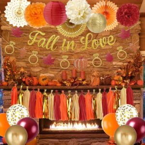 Fall in Love Bridal Shower Decorations-Fall Themed Maple Leaves Ring Gold Orange Maroon Fall in Love Banner Set for Wedding Engagement Party