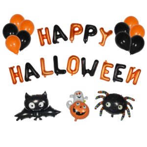 happy halloween party decorations, melsan halloween banner black and orange balloons, spider, bat, pumpkin with ghost balloons - perfect halloween party supplies for kids and adults