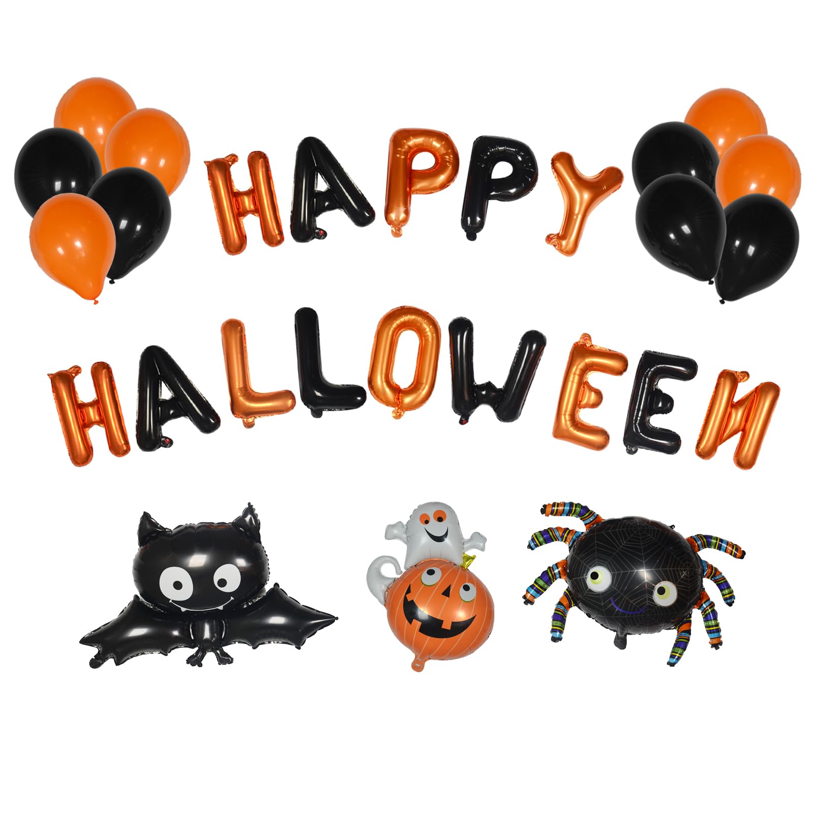 Happy Halloween Party Decorations, Melsan Halloween Banner Black and Orange Balloons, Spider, Bat, Pumpkin with Ghost Balloons - Perfect Halloween Party Supplies for Kids and Adults