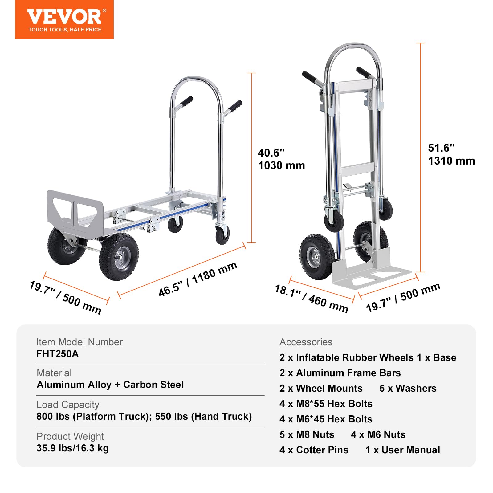 VEVOR Aluminum Hand Truck, 2 in 1, 800 lbs Load Capacity, Heavy Duty Industrial Convertible Folding Hand Truck and Dolly, Utility Cart Converts from Hand Truck to Platform Cart with Rubber Wheels