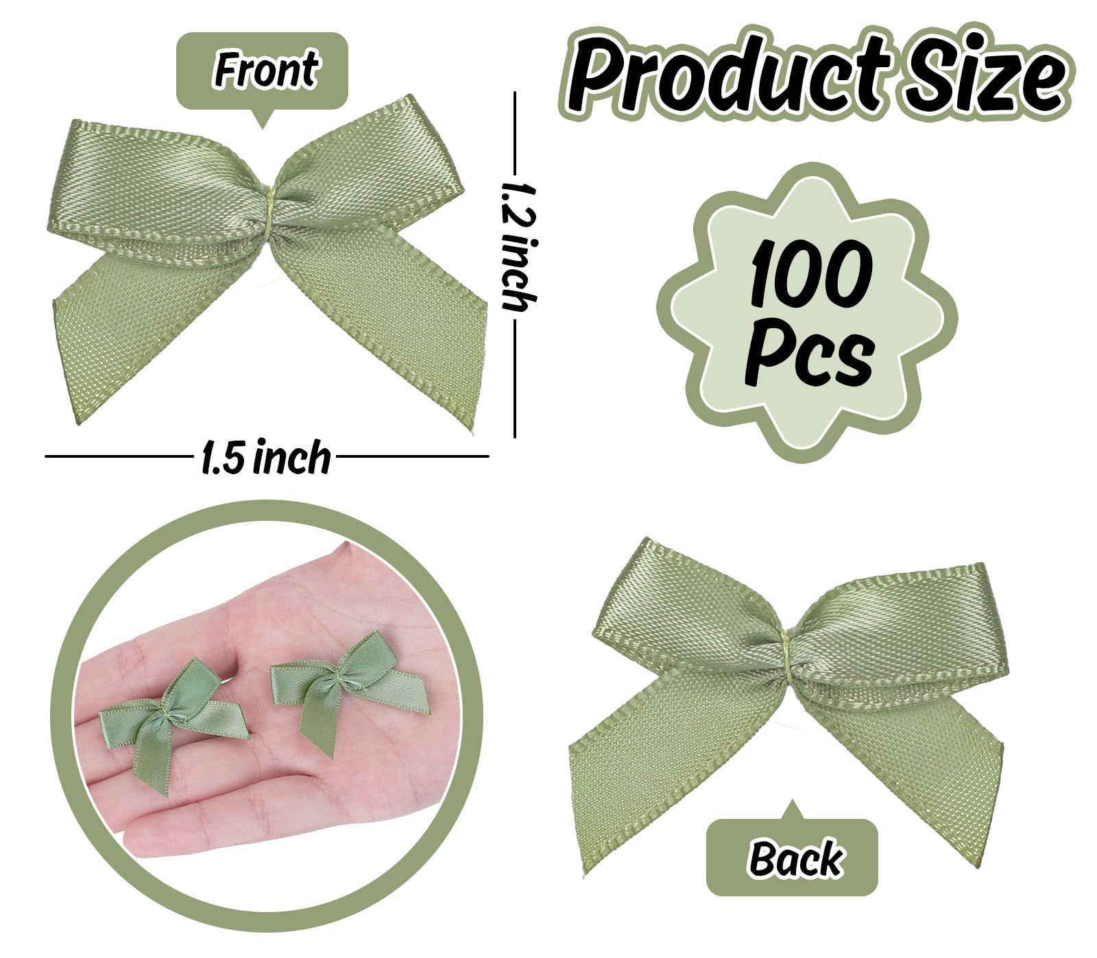 JarThenaAMCS 100Pcs Sage Green Satin Ribbon Bows No Twist Tie Bow 1.5 Inch Green Gift Wrapping Premade Mini Crafts Bows for Wedding Baby Shower Easter Birthday Decor