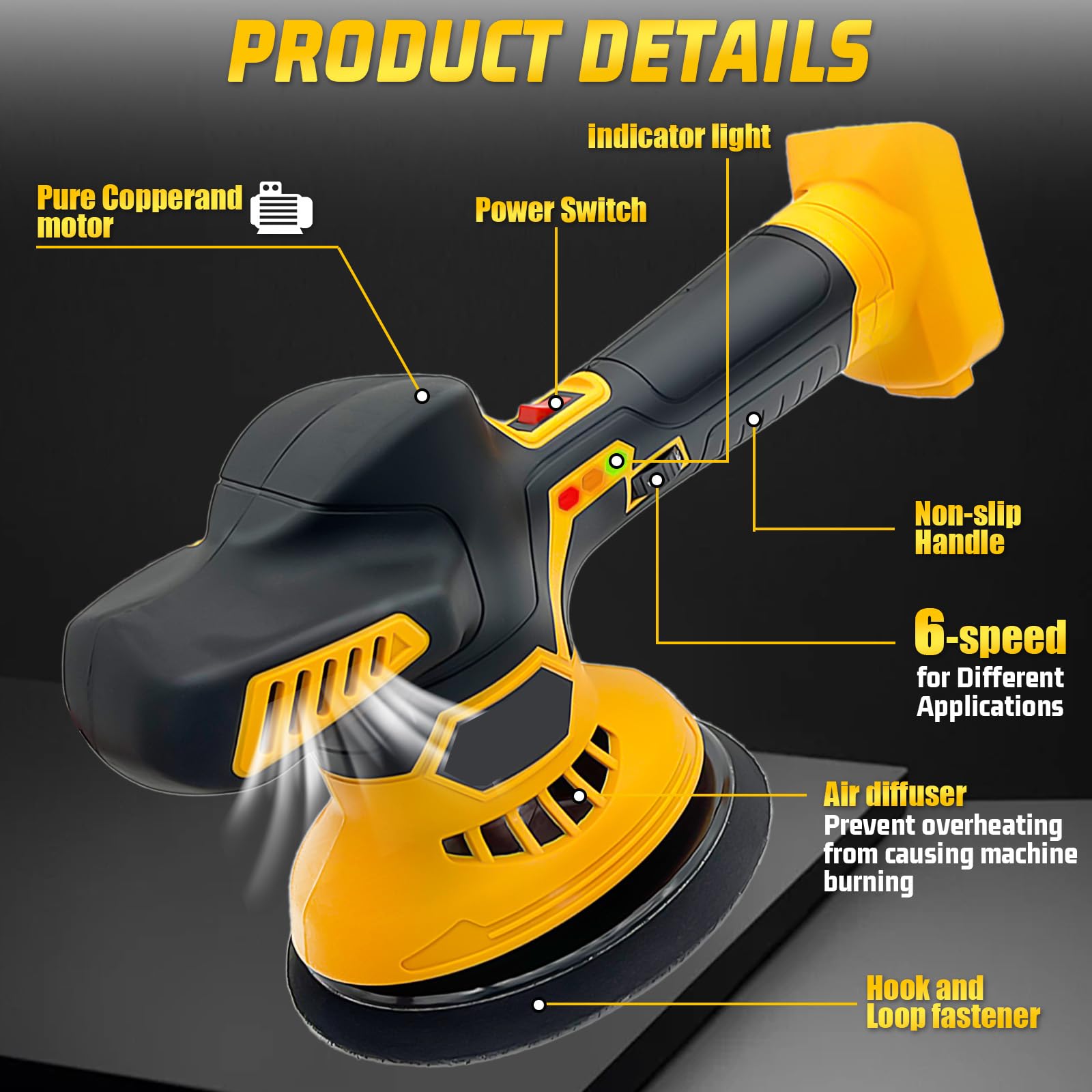 Cordless Car Buffer Polisher for Dewalt 20V Battery, Polishers and Buffers with 6 Variable Speed Up to 6000RPM, Cordless Polisher for Car Detailing/Polishing/Waxing(Battery Not Included)