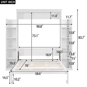 BIADNBZ Full Size Murphy Bed with Storage Shelves and LED Lights,Solid Wood Wall Bedframe for Guestroom, Home Office,White