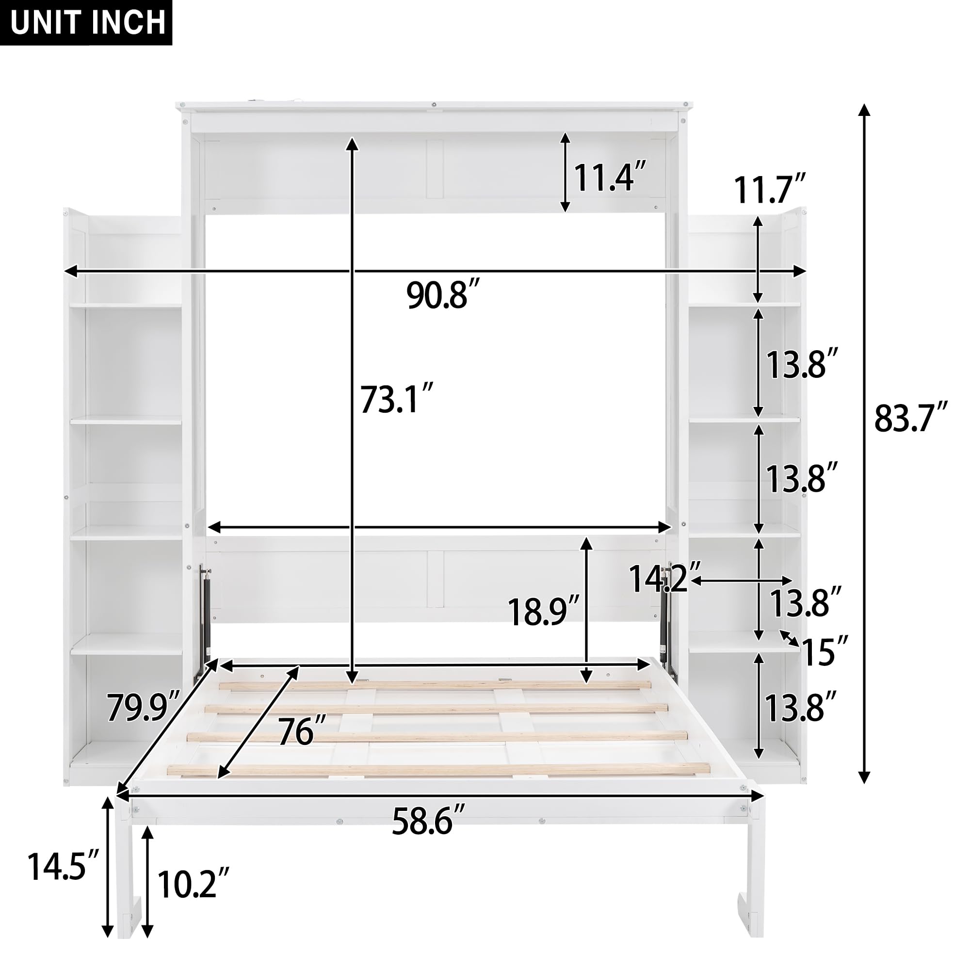 BIADNBZ Full Size Murphy Bed with Storage Shelves and LED Lights,Solid Wood Wall Bedframe for Guestroom, Home Office,White