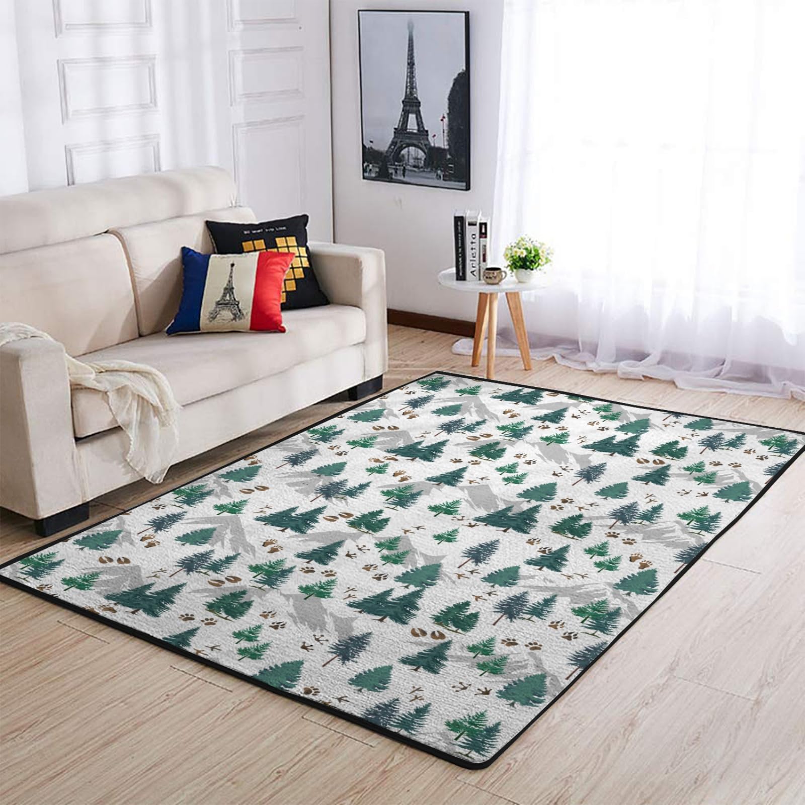 Hwmmbh Green Pine Forest Animals Tracks Area Rugs Woodland Pine Trees Paws Mountain Large Floor Carpet Wild Animal Throw Mat for Living Room Kids Toddler Nursery Bedroom Kitchen Bathroom Rug