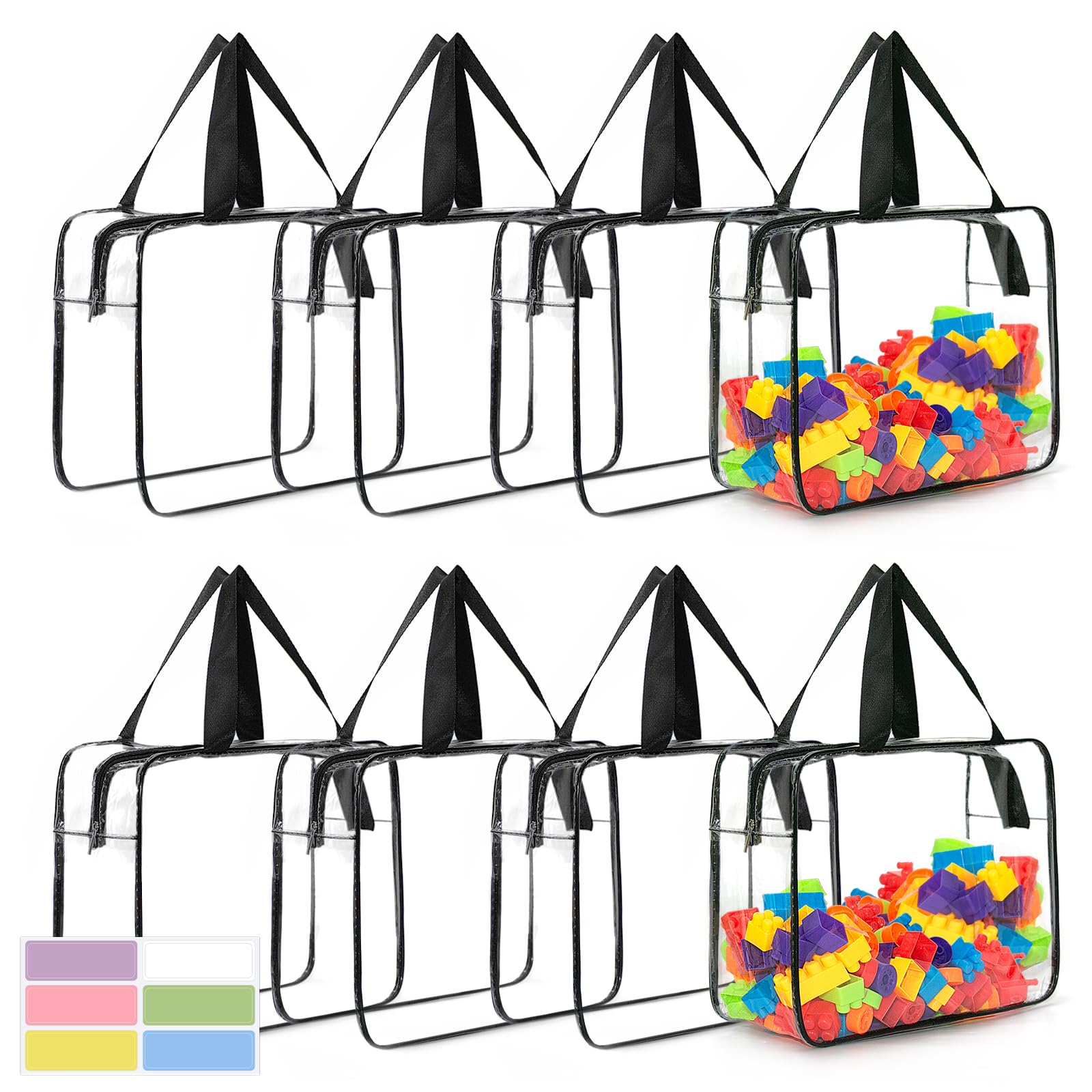 8 Packs Large Toy Storage Bags with Zipper and Labels, Clear PVC Waterproof Toy Organizers Bags for Board Games, Puzzles Pieces, Building Blocks, Handmade Accessories, Kid Books