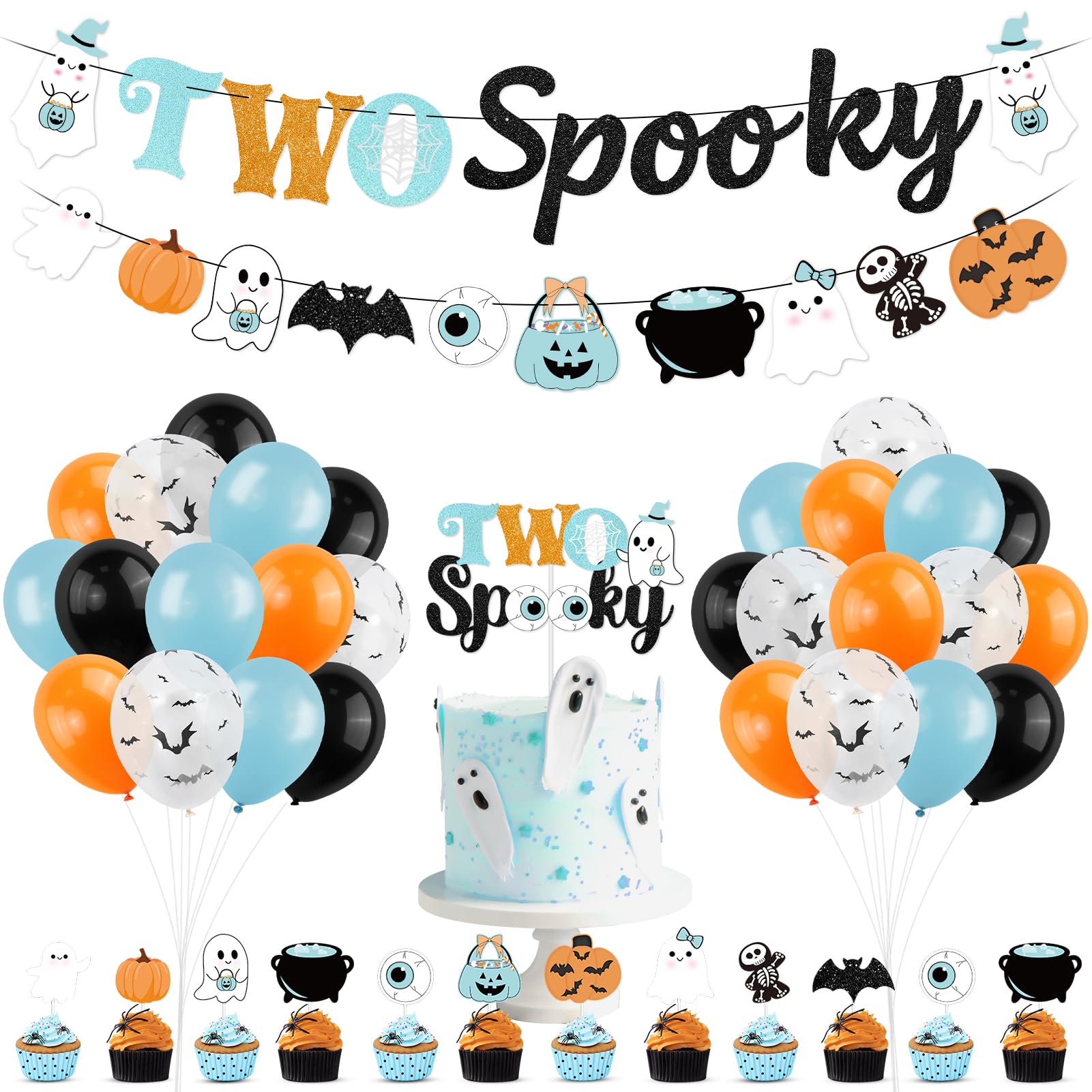 K KUMEED Halloween 2nd Birthday Party Decorations,Blue Two Spooky Themed Banner,Cute Ghost Eyeballs Hat Cake Topper and Latex Balloons for Halloween 2 Year Old Boys Party Favor Supplies