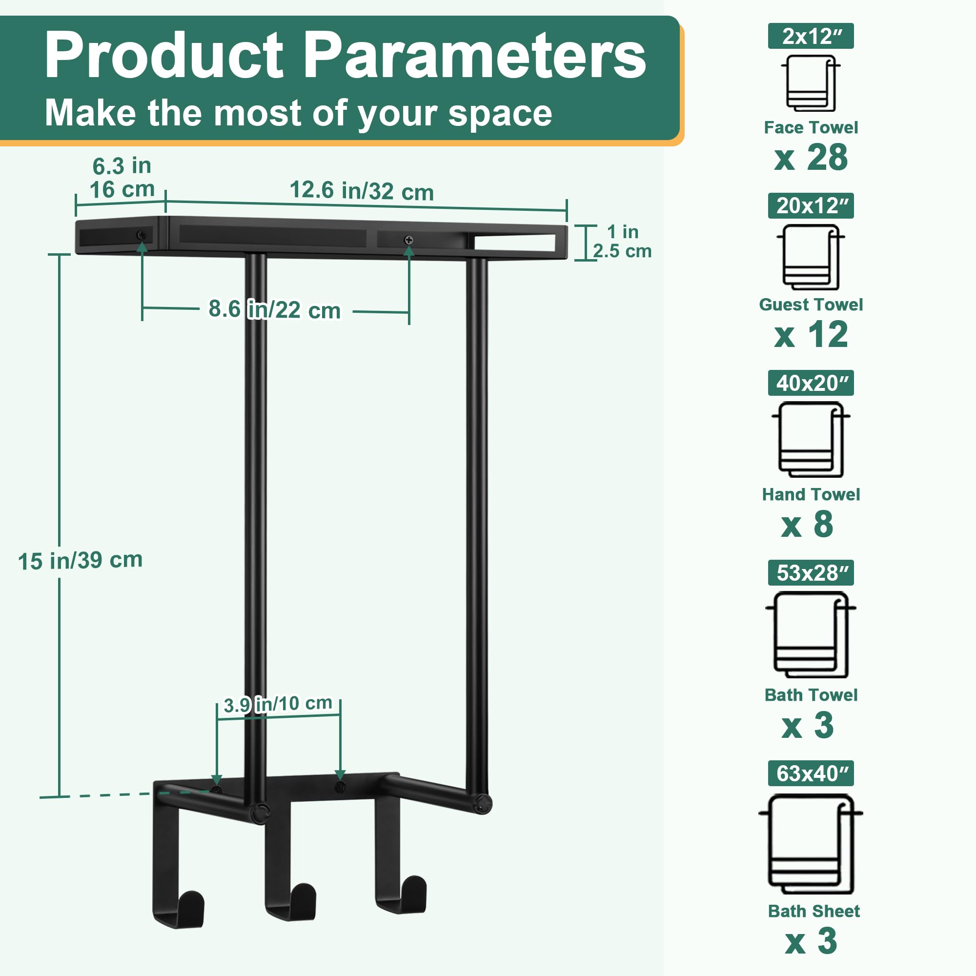 Towel Racks for Bathroom, Homikit Wall Mounted Towel Rack with Metal Shelf and 3 Hooks, 15 Inch Rolled Towel Holder Bath Storage Organizer, Vertical Rack for Small Space Bathroom Wall Decor, Black