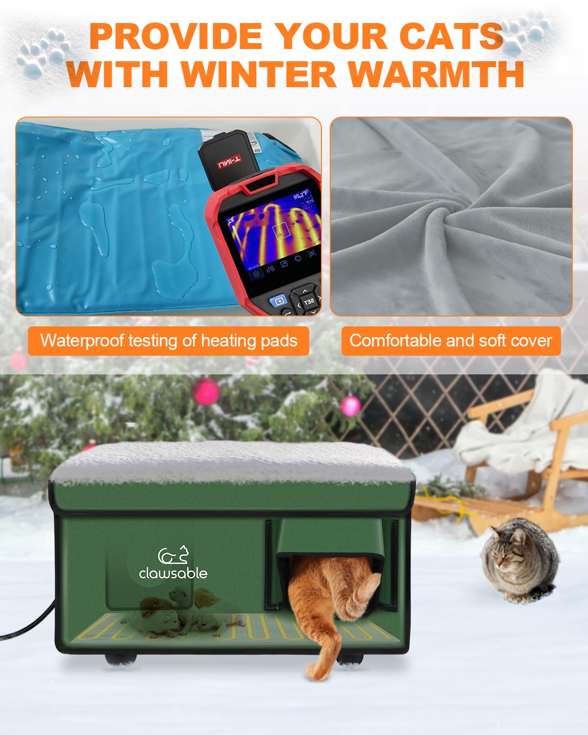 Heated Cat House for Outdoor Cat in Winter, Weatherproof Heated Cat Bed Kitty Shelter with Cat Heating Pad, Waterproof & Insulated & Safe Escape Door, Warm Home for Outside Barn Feral Stray Cat