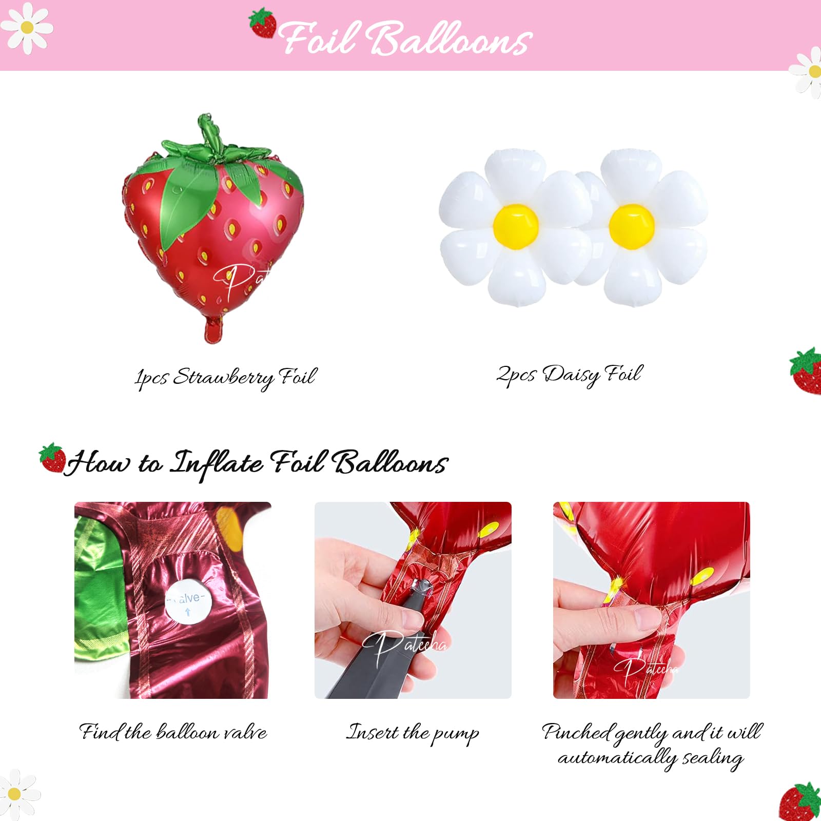 Pateeha Strawberry Balloon Arch Kit 12ft, Berry First Birthday Decor, Foil Daisy Balloons Strawberry Balloons Garland Kit for Strawberry Baby Shower Decorations