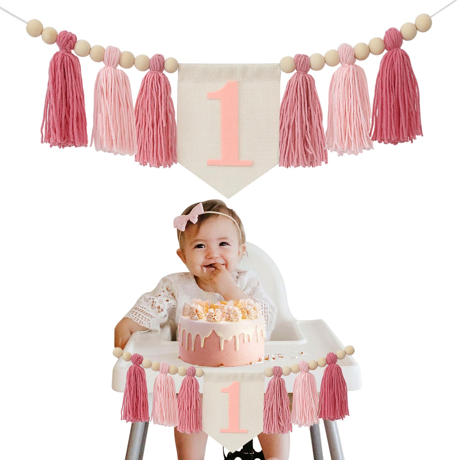 Handmade Boho 1st Birthday High Chair Banner Pink Party Decoration for Girl Baby Shower