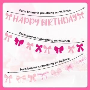 VorkiVecKi Coquette Happy Birthday Banner - Pink Bow Birthday Decorations 3 Pcs Happy Hanging Ribbon Banner Sweet Streamers Garland Decor for Girls Women Bday Party Decoration Supplies