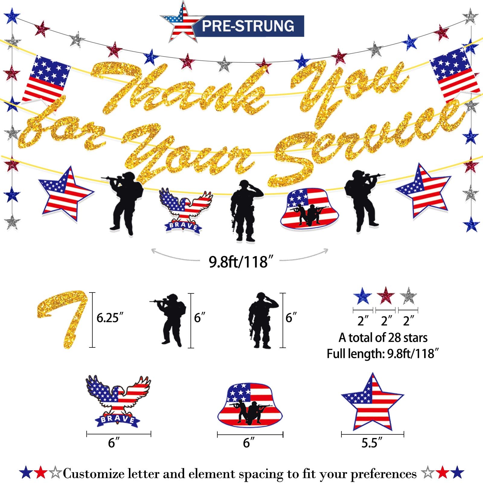 Veterans Day Banner, Veterans Day Decorations Thank You for Your Service Banner, Memorial Day Patriotic Party Military Decorations, Glitter Thankful Banner Garland Backdrop Patriotic Party Supplies