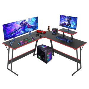 mghh l shaped gaming desk with carbon fiber desktop & large monitor stand computer corner table for home office gaming,study,writing,black