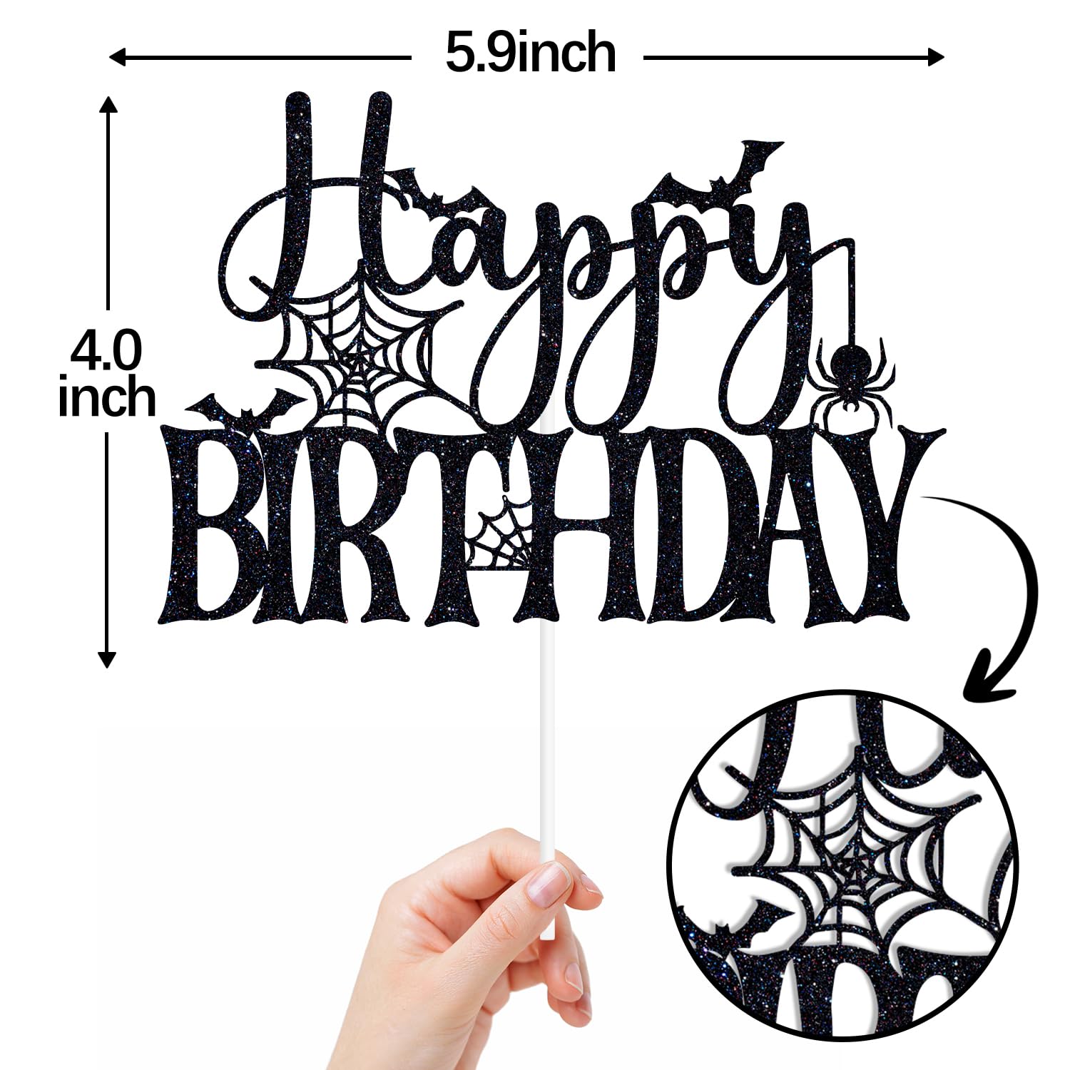 Black Glitter Happy Birthday Cake Topper, Happy Booday/Happy Halloween Birthday, Funny Ghoust Scary Halloween Themed Birthday Party Decorations for Kids