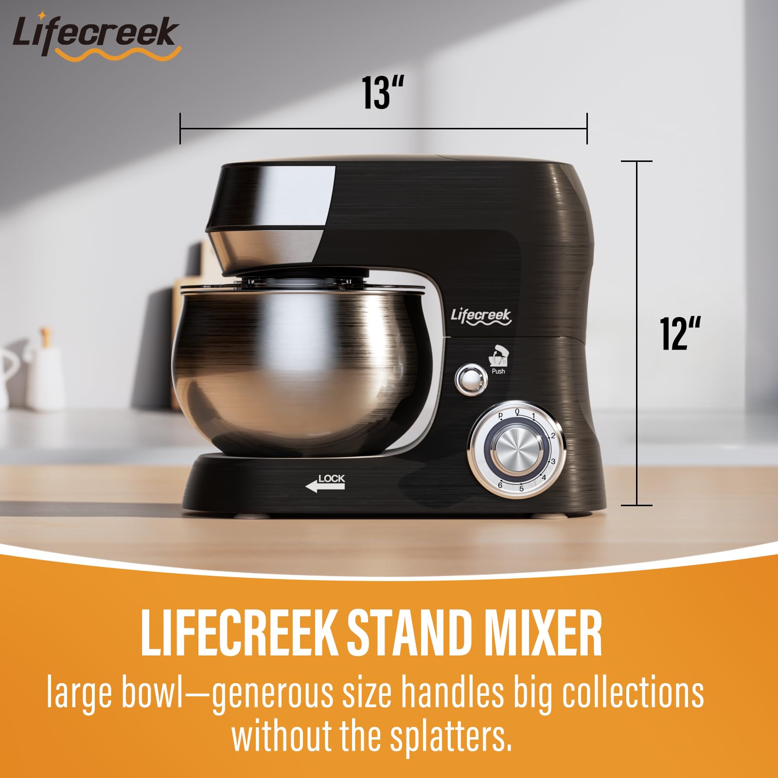 Lifecreek 6-in-1 Multifunctional Stand Mixer, 5.3Qt 660W, 6-Speed Tilt-head, Electric Kitchen Mixer with Stainless Steel Bowl,Meat Grinder, Juice Blender (Black)