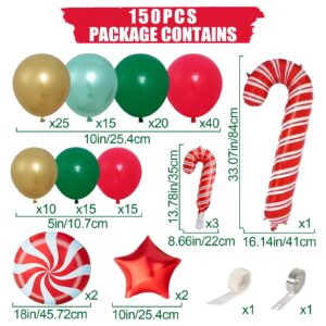 Christmas Balloons Garland Arch Kit, 150Pcs Christmas Garland with Red Green Gold Candy Cane Balloons Red Star Balloons, Christmas Arch for Christmas Party, Xmas Decorations Backdrop for Indoors