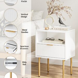 Aienvey Nightstand, Drawer Night Stand for Bedroom, Small Side Table with Drawer, Bedside Furniture, End Table with Gold Frame for Bedroom, Living Room (White Stripe, 1 Drawer)