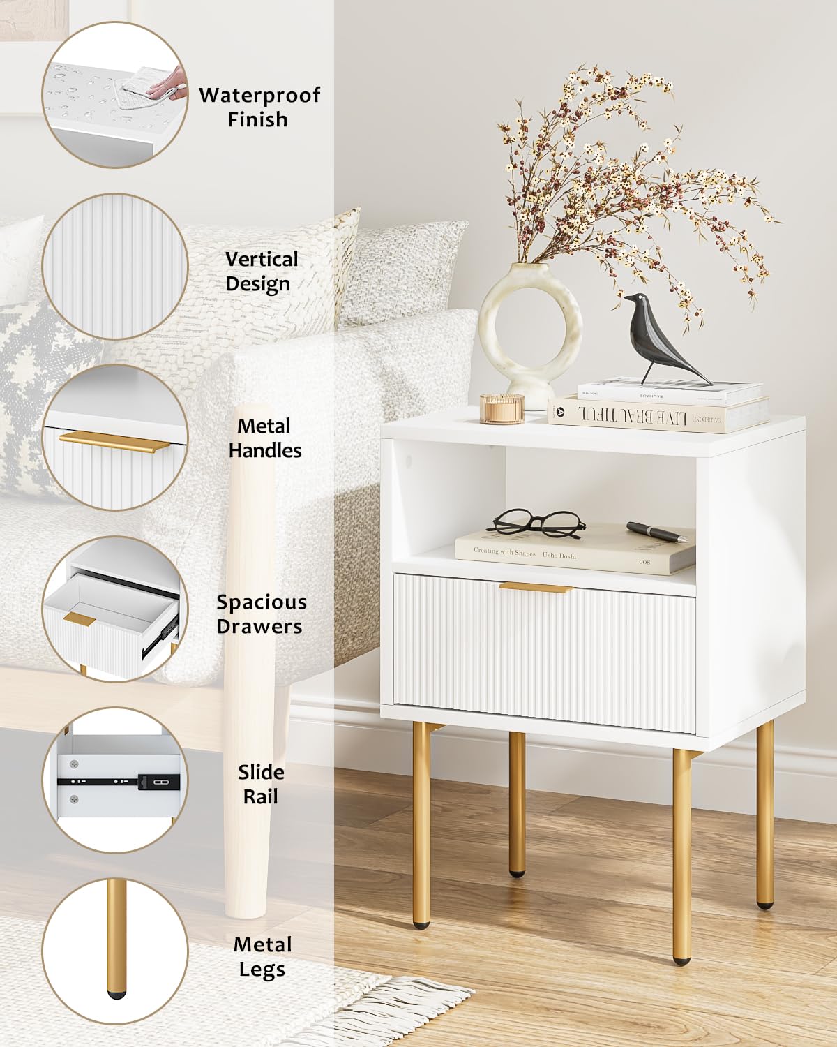 Aienvey Nightstand, Drawer Night Stand for Bedroom, Small Side Table with Drawer, Bedside Furniture, End Table with Gold Frame for Bedroom, Living Room (White Stripe, 1 Drawer)