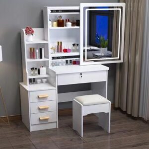 Vanity Desk with LED Lighted Mirror,Vanity Desk with Mirror and Lights,Makeup Table with Drawers,Vanity Desk with Storage Shelves,Makeup Table Stool,Vanity Desk with Light for Bedroom Dressing Table