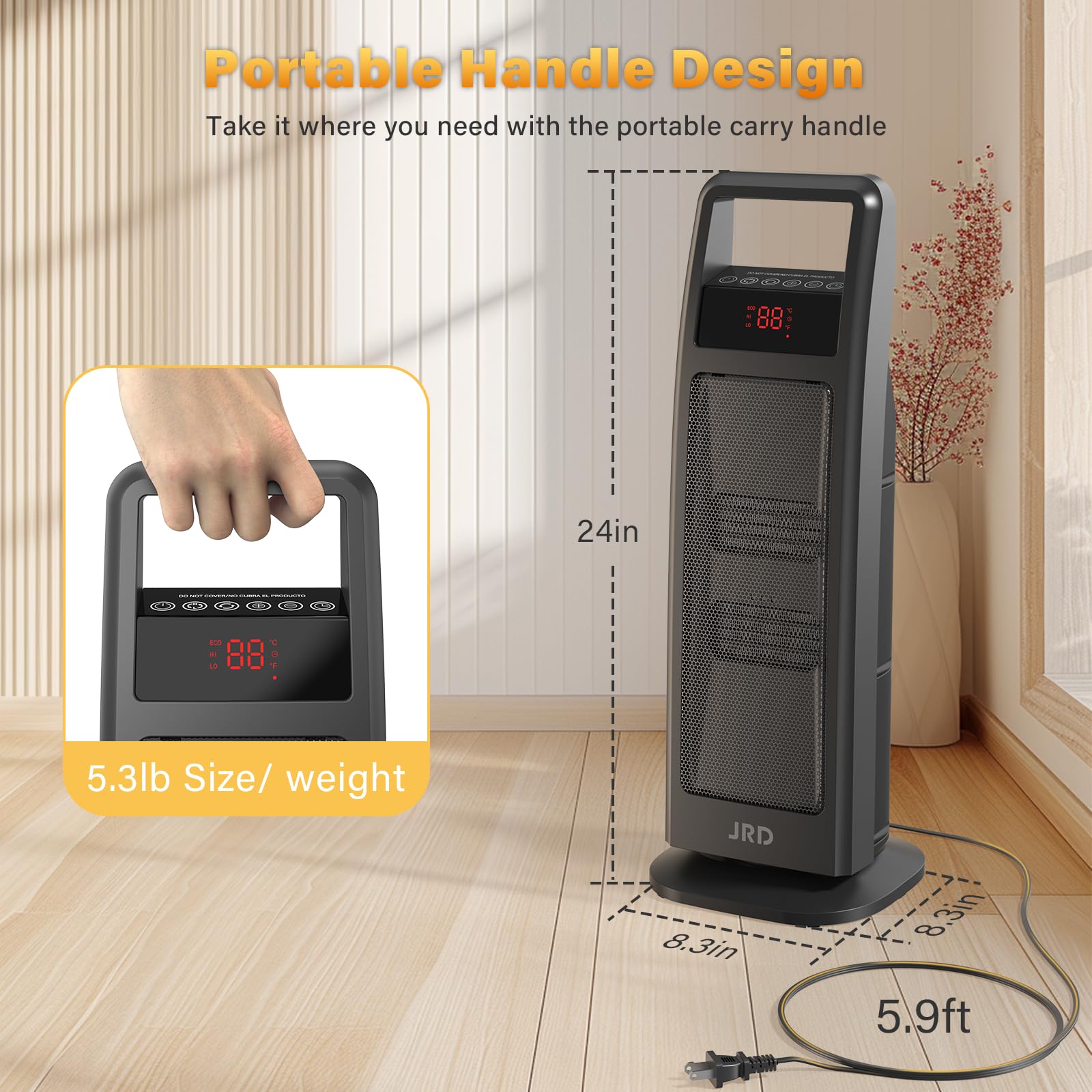 JRD Space Heater Indoor with Thermostat, 24 inch Portable Heater with 75°Oscillation, 1500W PTC Ceramic Heater with remote, 3 Modes, 8h Timer, Safety Electric Heaters for Bedroom Home Office