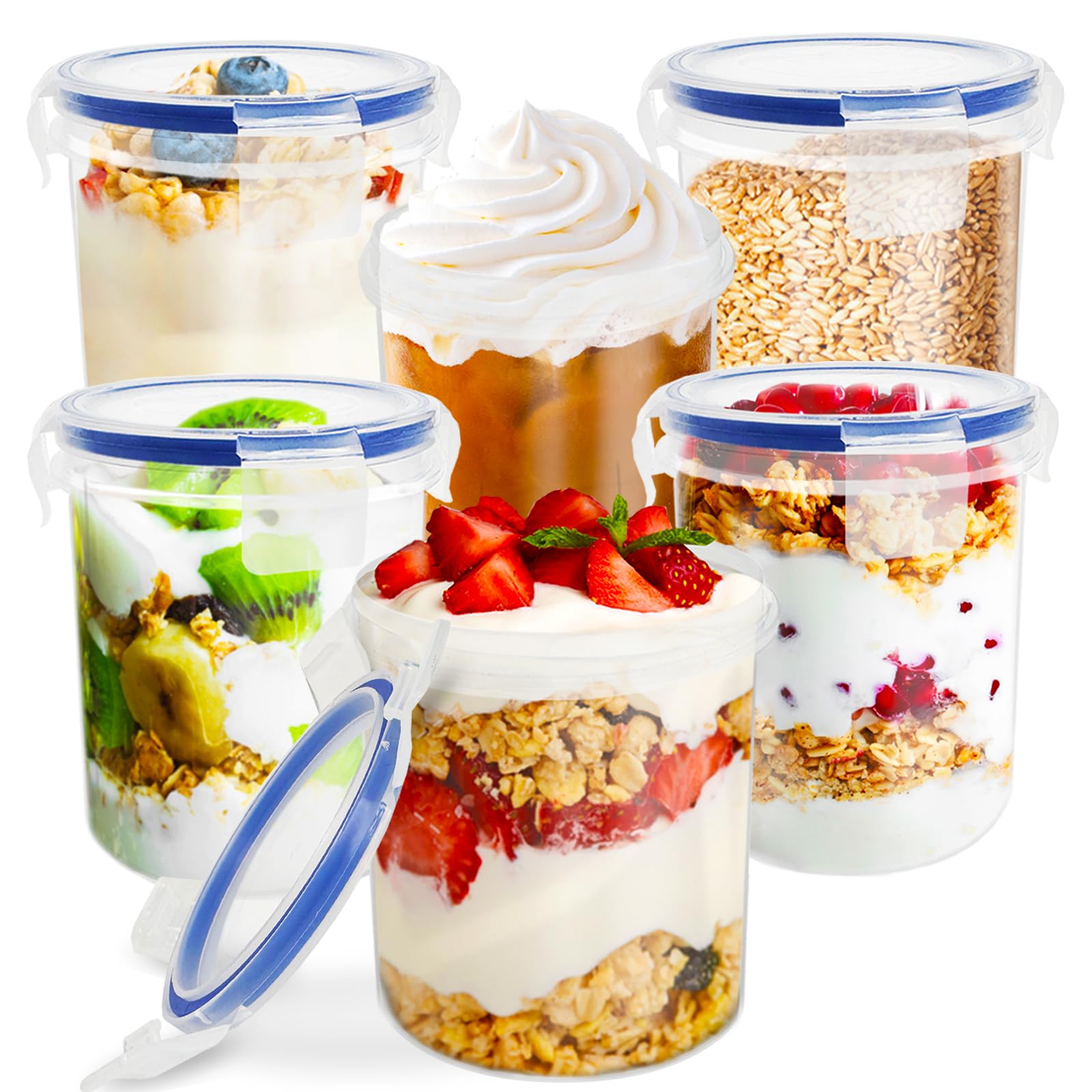 Qiuttnqn 6 Pack Overnight Oats Containers with Lids,16 oz Plastic Leak Proof Oatmeal Container,Portable Food Storage Container,Reusable Oats Cereal Yogurt Milk Meal Prep Jars