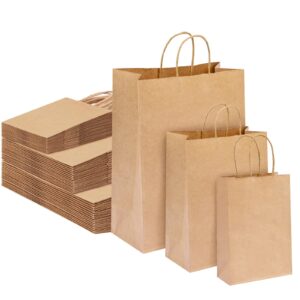 moretoes 100pcs brown paper bags with handles assorted sizes mixed sizes bulk kraft paper gift bags take out bags for business, merchandise, shopping, retail, favors grocery