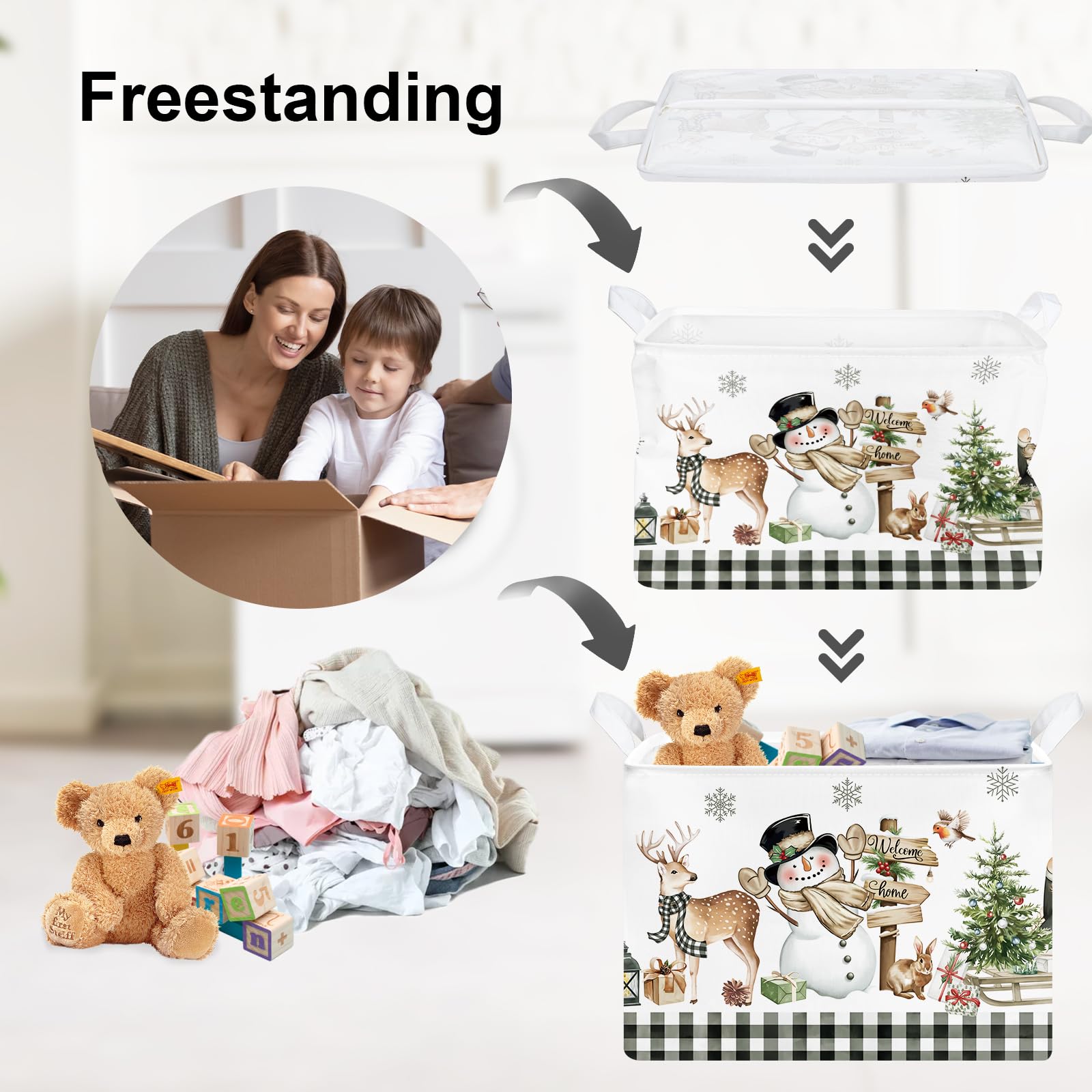 Clastyle Brown Plaid Snowman Christmas Tree Gift Basket Large Winter Deer Gnome Truck Snowflake Nursery Bin Cube Collapsible Rectangle Kid Clothes Toy Book Shelf Basket