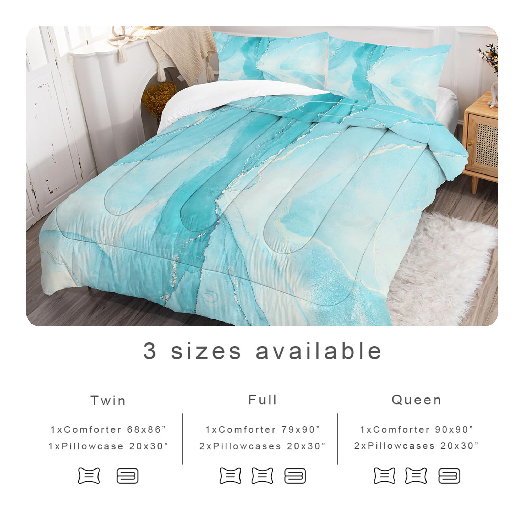 EDGZKO Blue Twin Comforter Set: Twin Size Light Blue Marble Bedding Sets for Teens Girls Kids Abstract Glitter Marbling Quilt Duvet Bed Set 1 Comforter & 1 Pillow Case