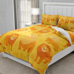 Moinlizy 3D Cartoon Lion Printed Duvet Cover Twin Size 3D Yellow Cute Lion Bedding Sets Bedclothes Room Decor Wild Animal Theme No Comforter