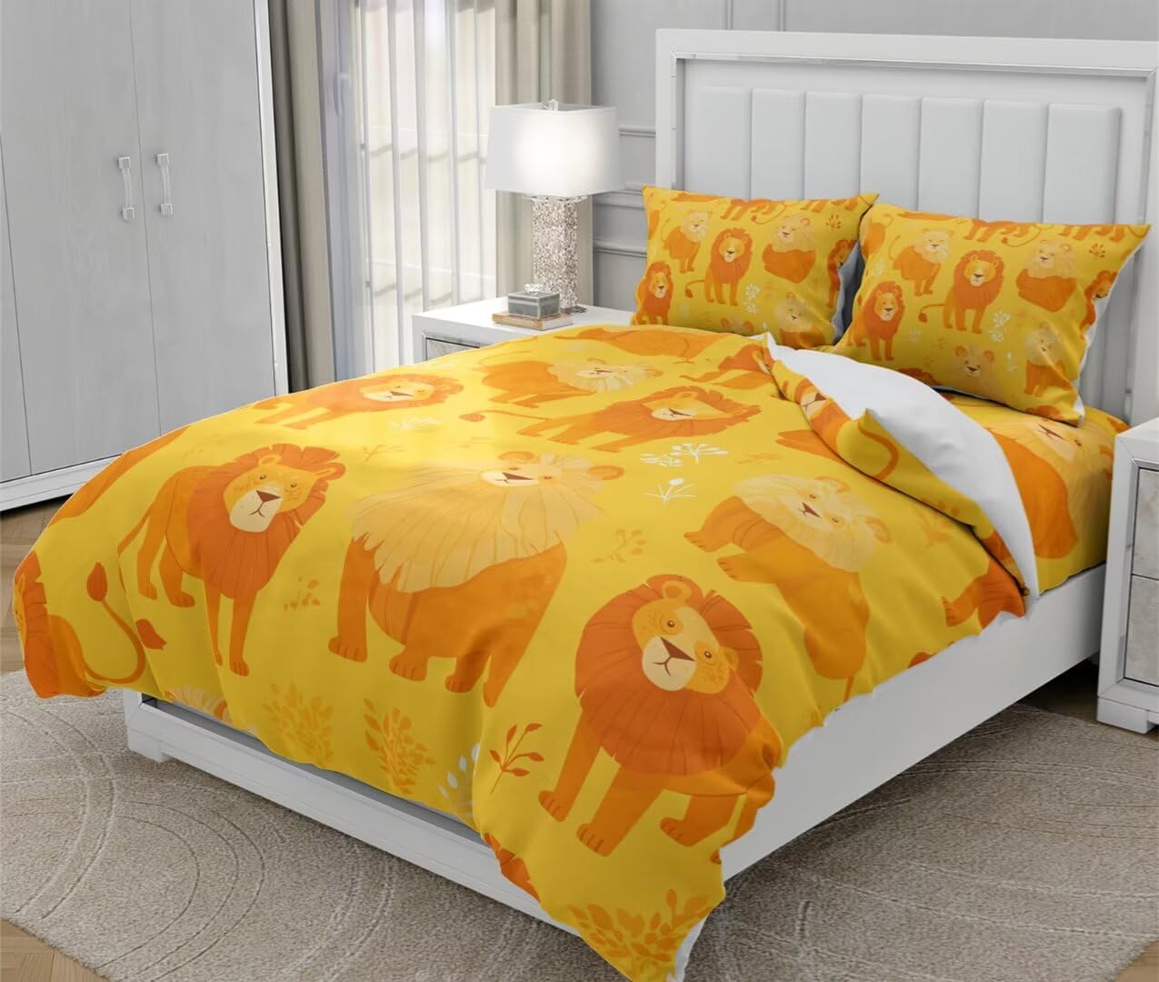 Moinlizy 3D Cartoon Lion Printed Duvet Cover Twin Size 3D Yellow Cute Lion Bedding Sets Bedclothes Room Decor Wild Animal Theme No Comforter