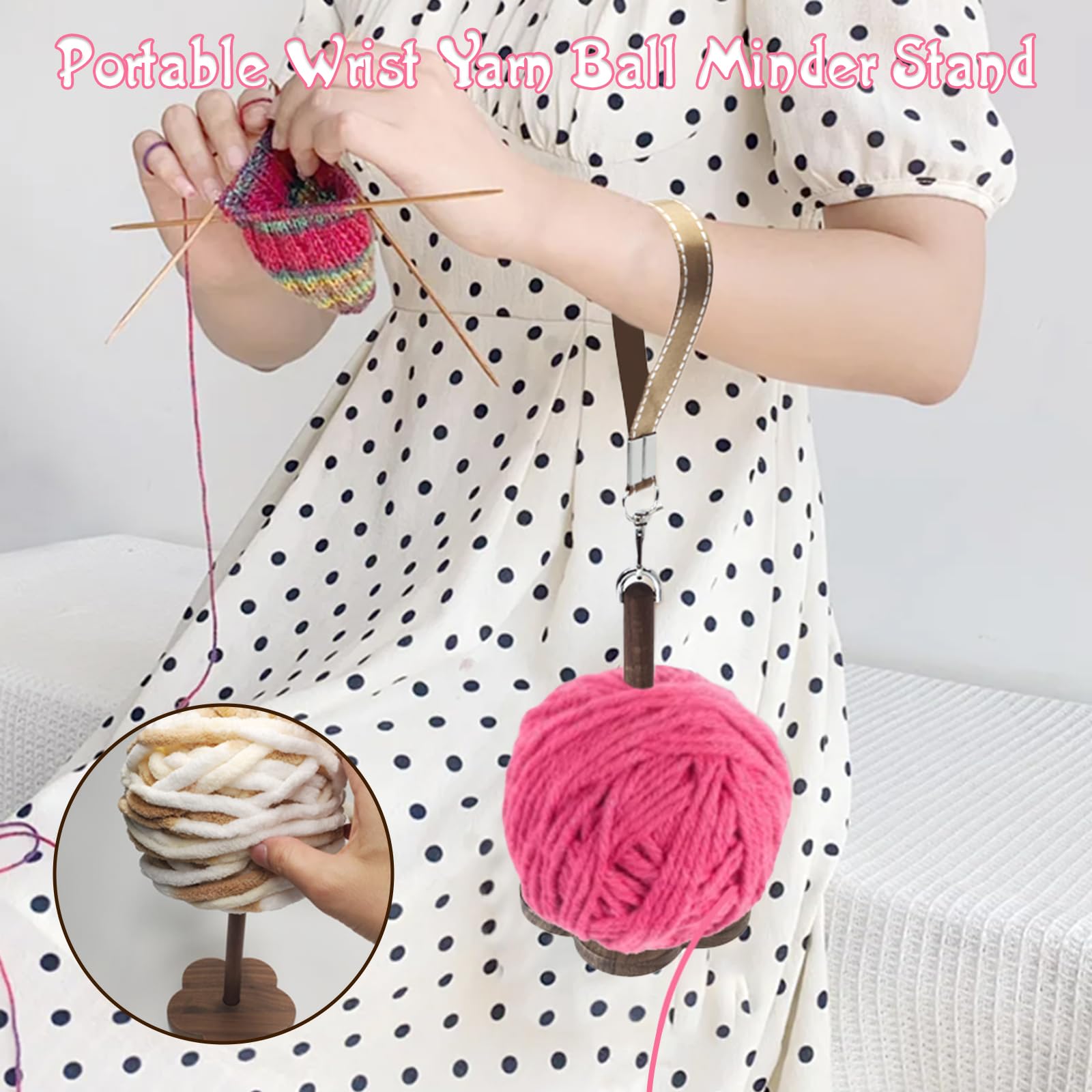 Benustra Yarn Ball Holder, Yarn Holder for Crocheting, Portable Wrist Yarn Minder Stand with Wristband Shoulder Strap, Wooden Twirling Mechanism Spinning Storage for Knitting Gifts for Craft Lovers