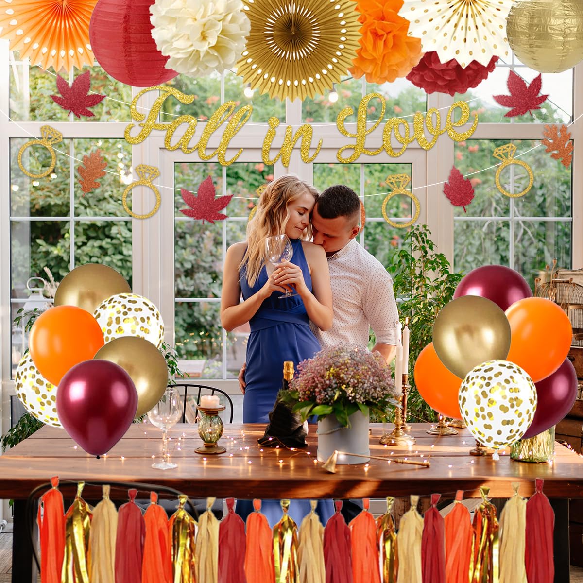 Fall in Love Bridal Shower Decorations-Fall Themed Maple Leaves Ring Gold Orange Maroon Fall in Love Banner Set for Wedding Engagement Party