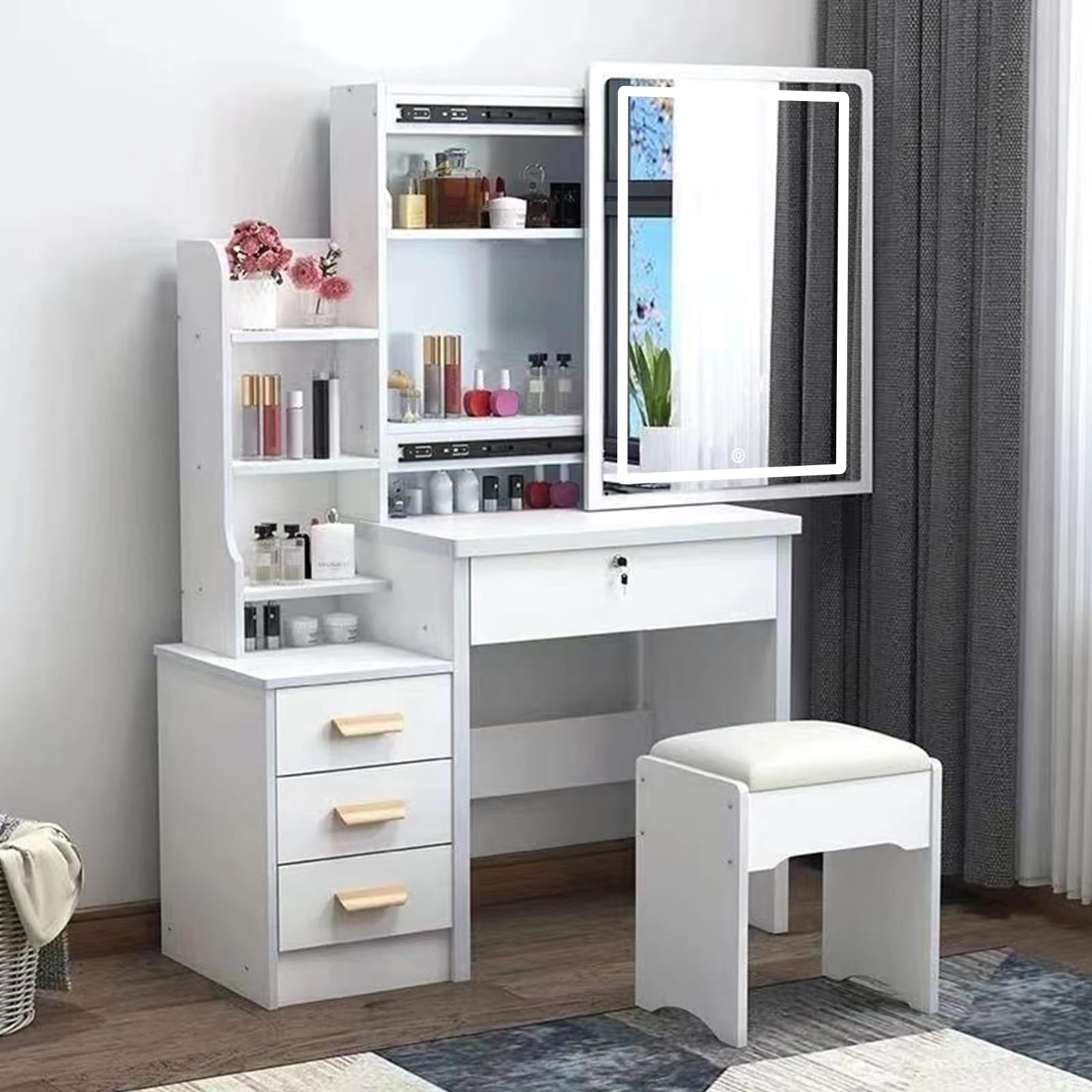 Vanity Desk with LED Lighted Mirror,Vanity Desk with Mirror and Lights,Makeup Table with Drawers,Vanity Desk with Storage Shelves,Makeup Table Stool,Vanity Desk with Light for Bedroom Dressing Table