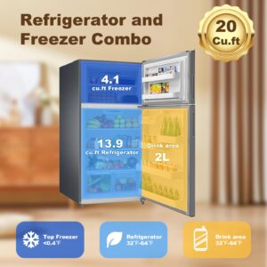 Refrigerator with Freezer, Top Freezer Refrigerators, 18 Cu ft Full Size Kitchen Refrigerator, 2 Door Apartment Size Stainless Steel Fridge, Frost Free 5 Adjustable Thermostat, Home, Office, Silver