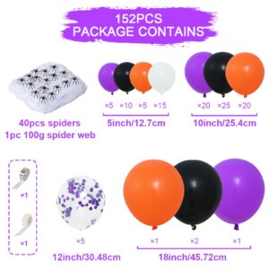 152Pcs Halloween Balloons Arch Garland Kit, Orange Purple and Black Balloon with Halloween Spider Web, Spiders for Halloween Birthday decor Supplies Cute Halloween Party Decorations