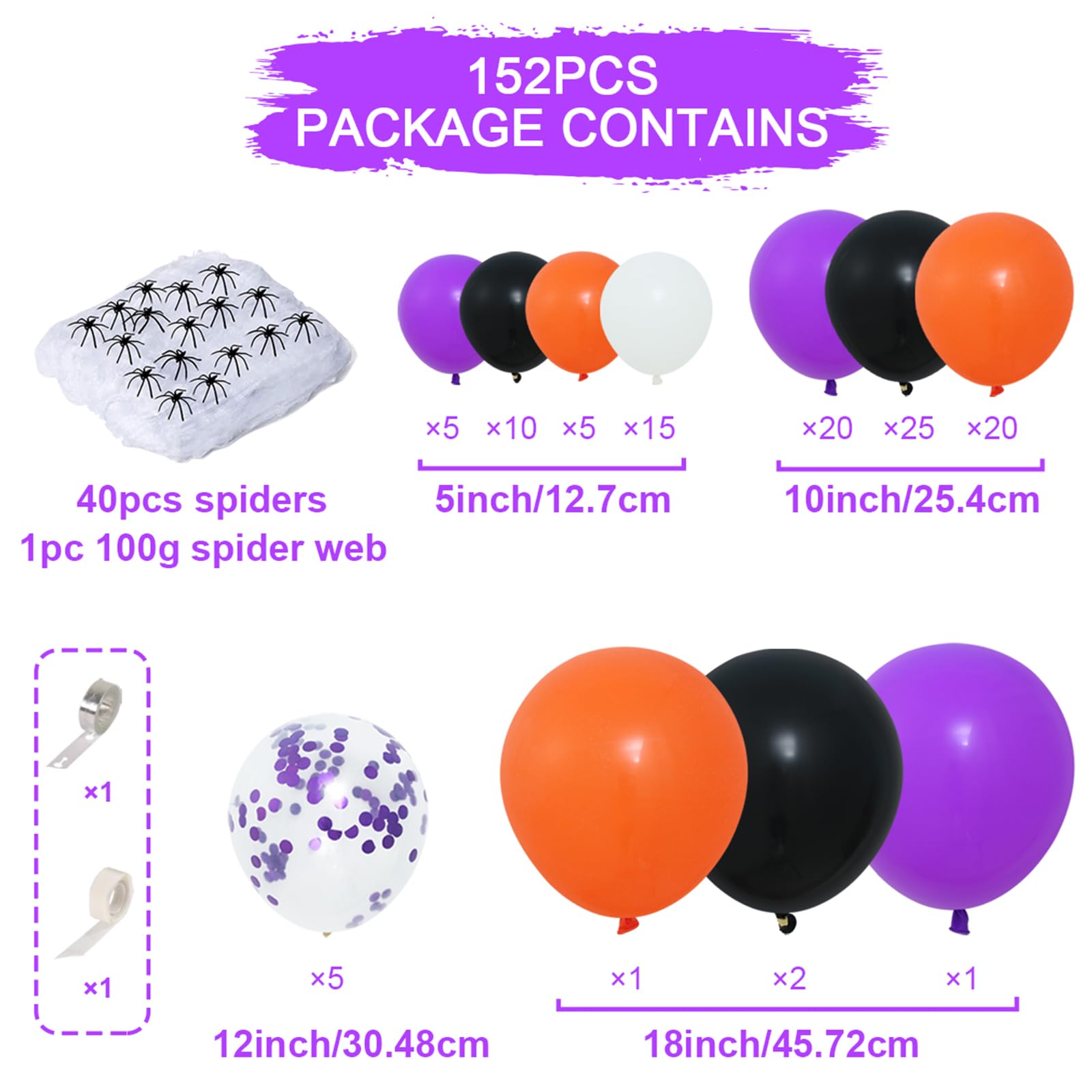 152Pcs Halloween Balloons Arch Garland Kit, Orange Purple and Black Balloon with Halloween Spider Web, Spiders for Halloween Birthday decor Supplies Cute Halloween Party Decorations