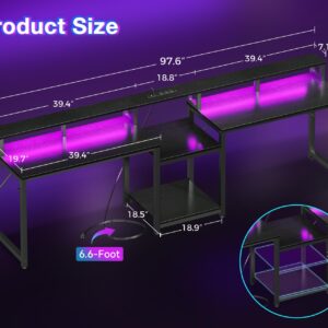 Coleshome 98 Inch 2 Person Gaming Desk with Storage Shelves- Long Double Home Office Computer Desks with USB Charging Port & LED Lights, Writing Desk with Monitor Stand, Modern Study/Work Table, Black