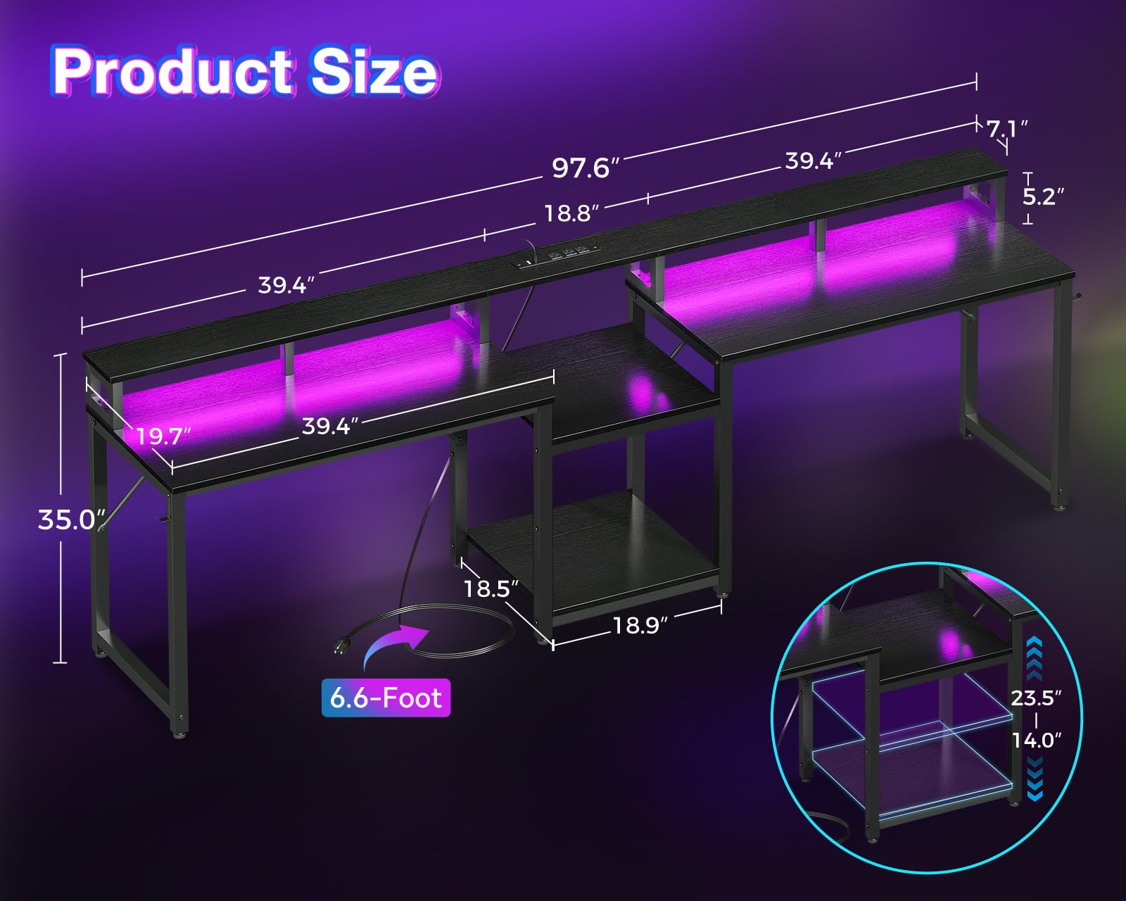 Coleshome 98 Inch 2 Person Gaming Desk with Storage Shelves- Long Double Home Office Computer Desks with USB Charging Port & LED Lights, Writing Desk with Monitor Stand, Modern Study/Work Table, Black