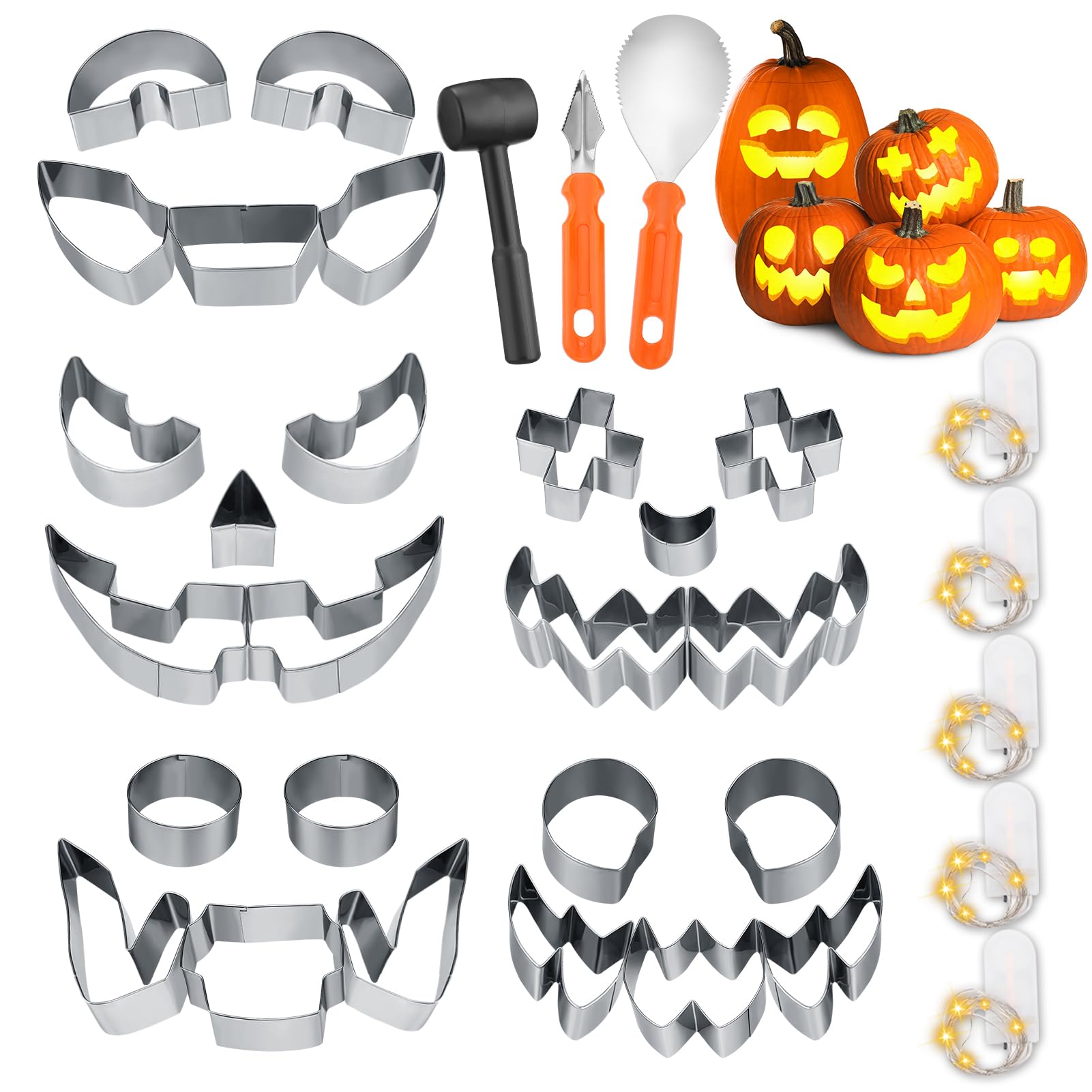 Beeplove Pumpkin Carving Kit - 25 Pcs Safe Pumpkin Carving Stencils with Lights Carving Knive Scooper Hammer, Stainless Steel Carving Tools for Halloween Adults Kids DIY Pumpkins