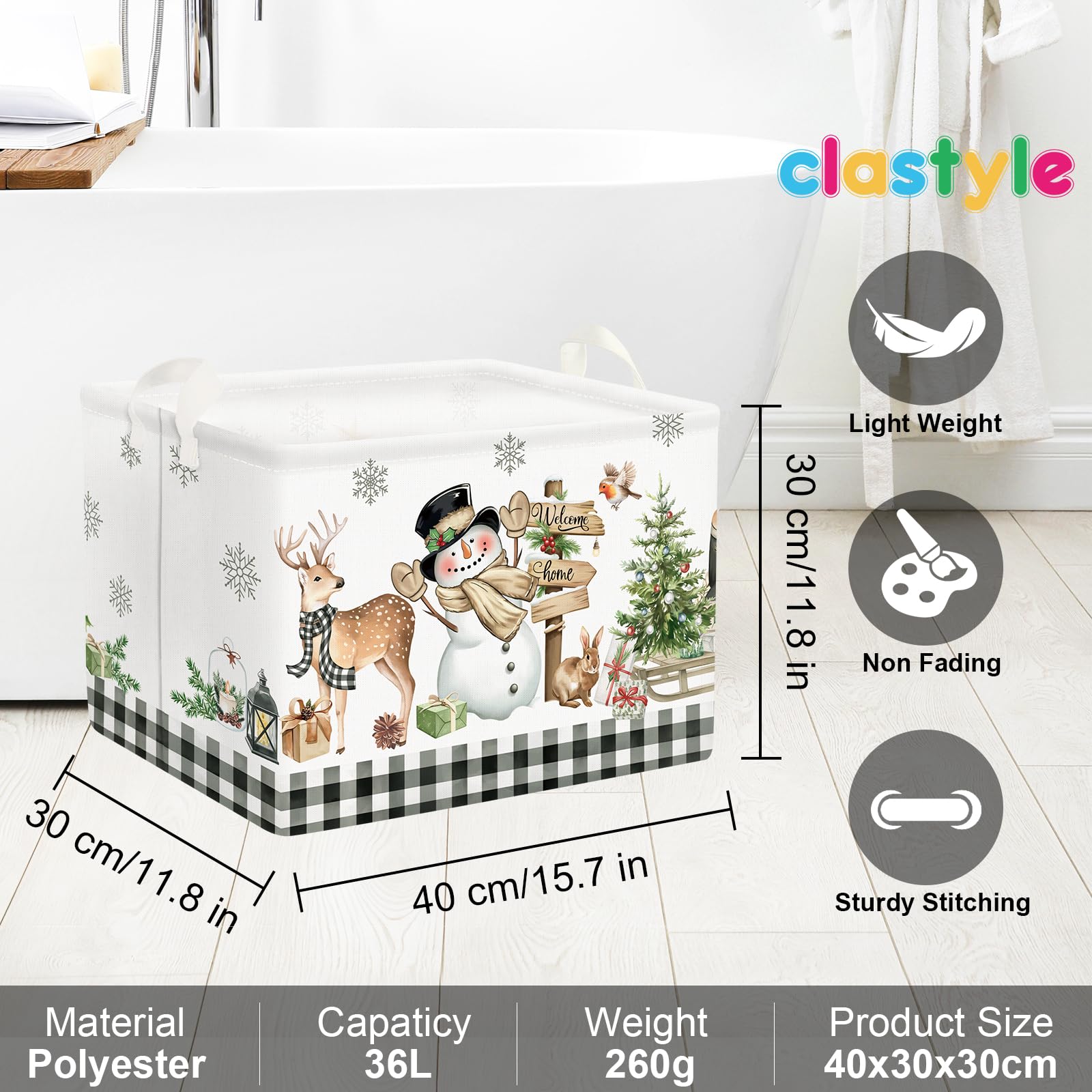 Clastyle Brown Plaid Snowman Christmas Tree Gift Basket Large Winter Deer Gnome Truck Snowflake Nursery Bin Cube Collapsible Rectangle Kid Clothes Toy Book Shelf Basket